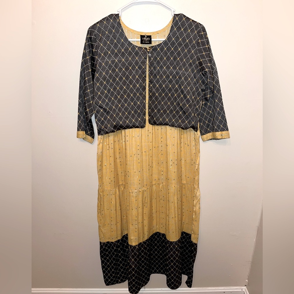 Diya Woman’s Indian Maxi Dress Long Sleeve Yellow And Gray Size XL EUC